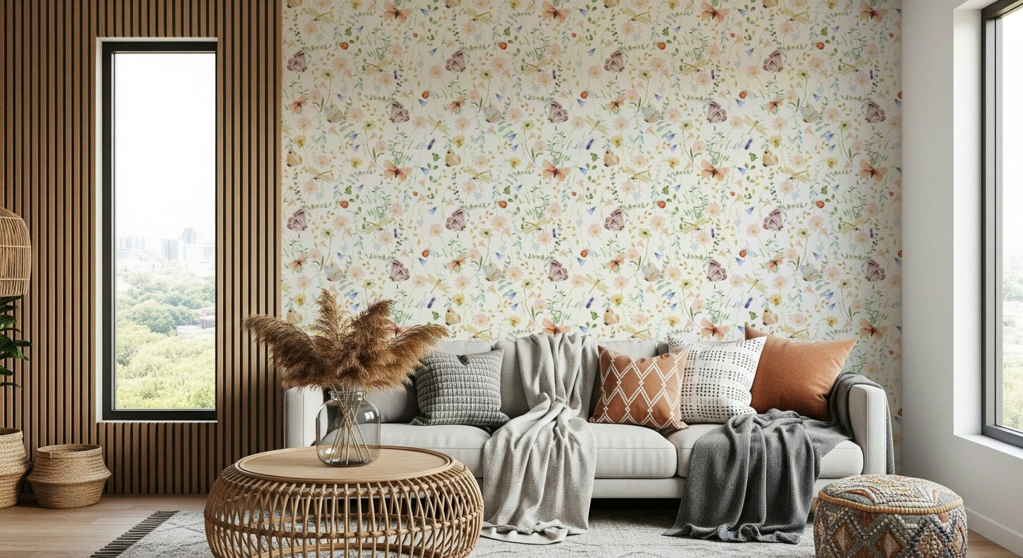 Gentle floral design wall covering Soft Meadow Whispers bluebells.
