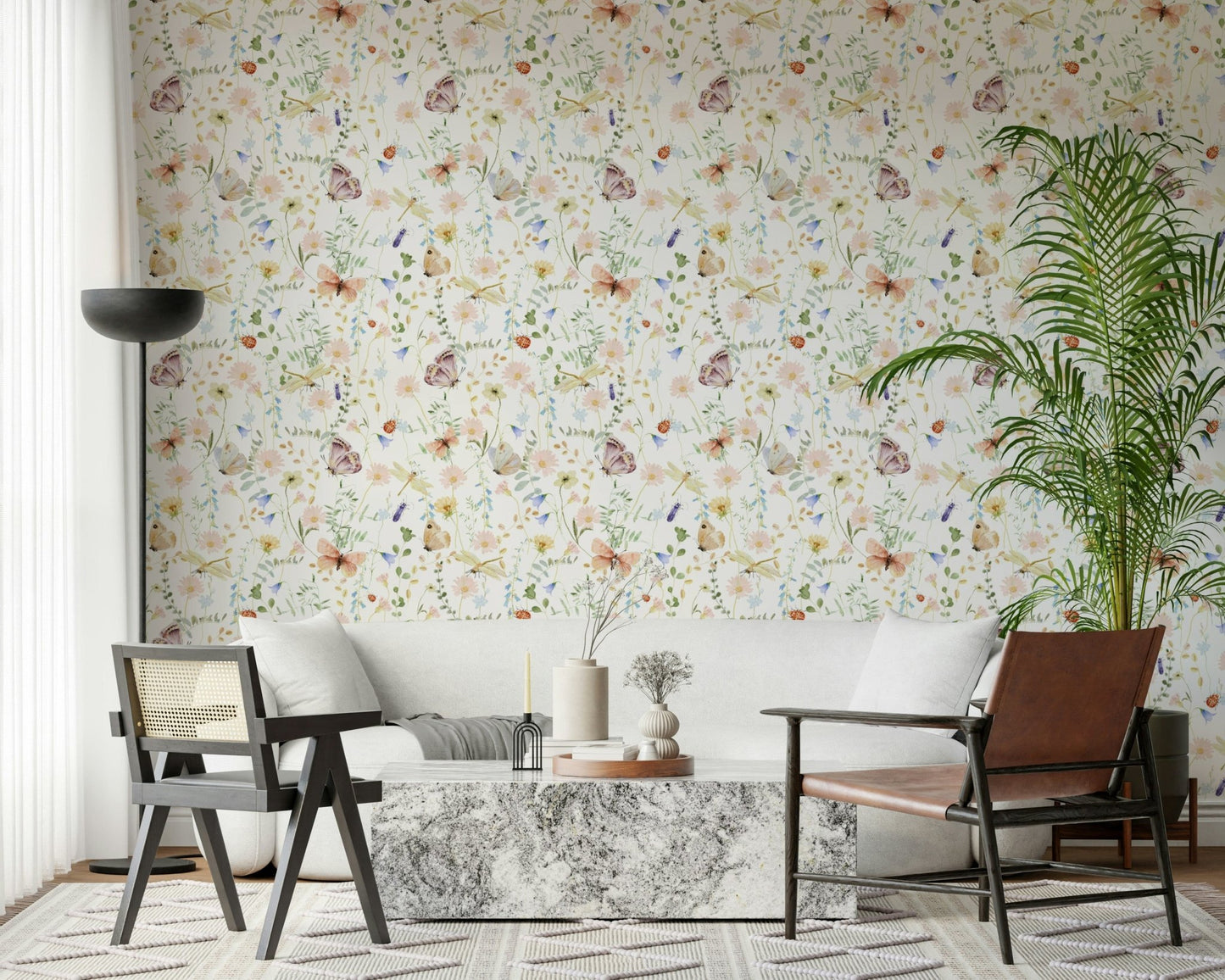 Butterfly and daisy pattern Soft Meadow Whispers wallpaper for bedroom.