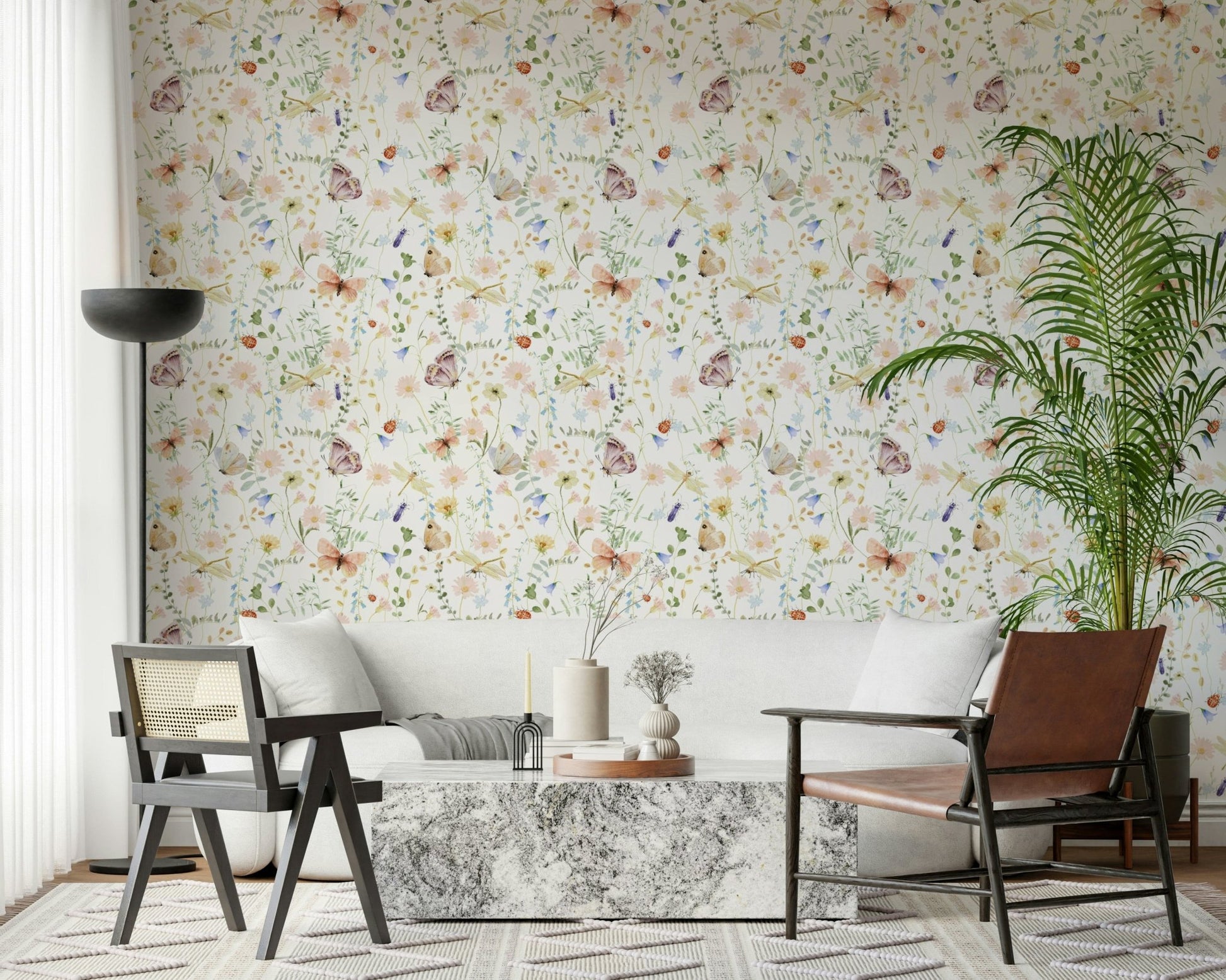 Butterfly and daisy pattern Soft Meadow Whispers wallpaper for bedroom.