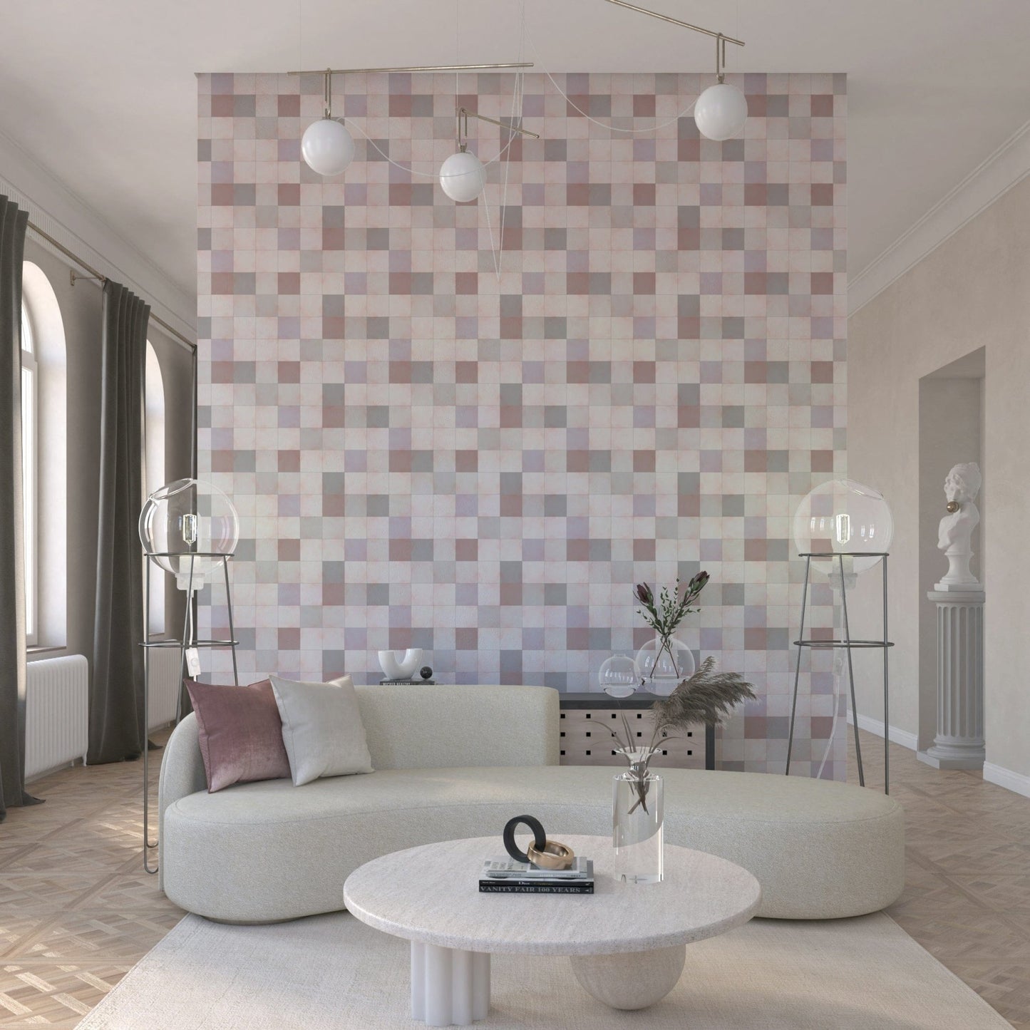 Soft Mosaic Tiles Blush Beige-GreyBlue wallpaper behind a cream curved sofa with glass globe floor lamps