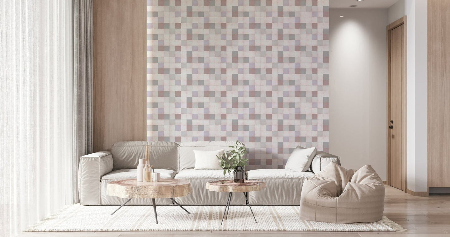 Soft Mosaic Tiles Blush Beige-GreyBlue wallpaper behind a beige low sofa with live-edge round tables