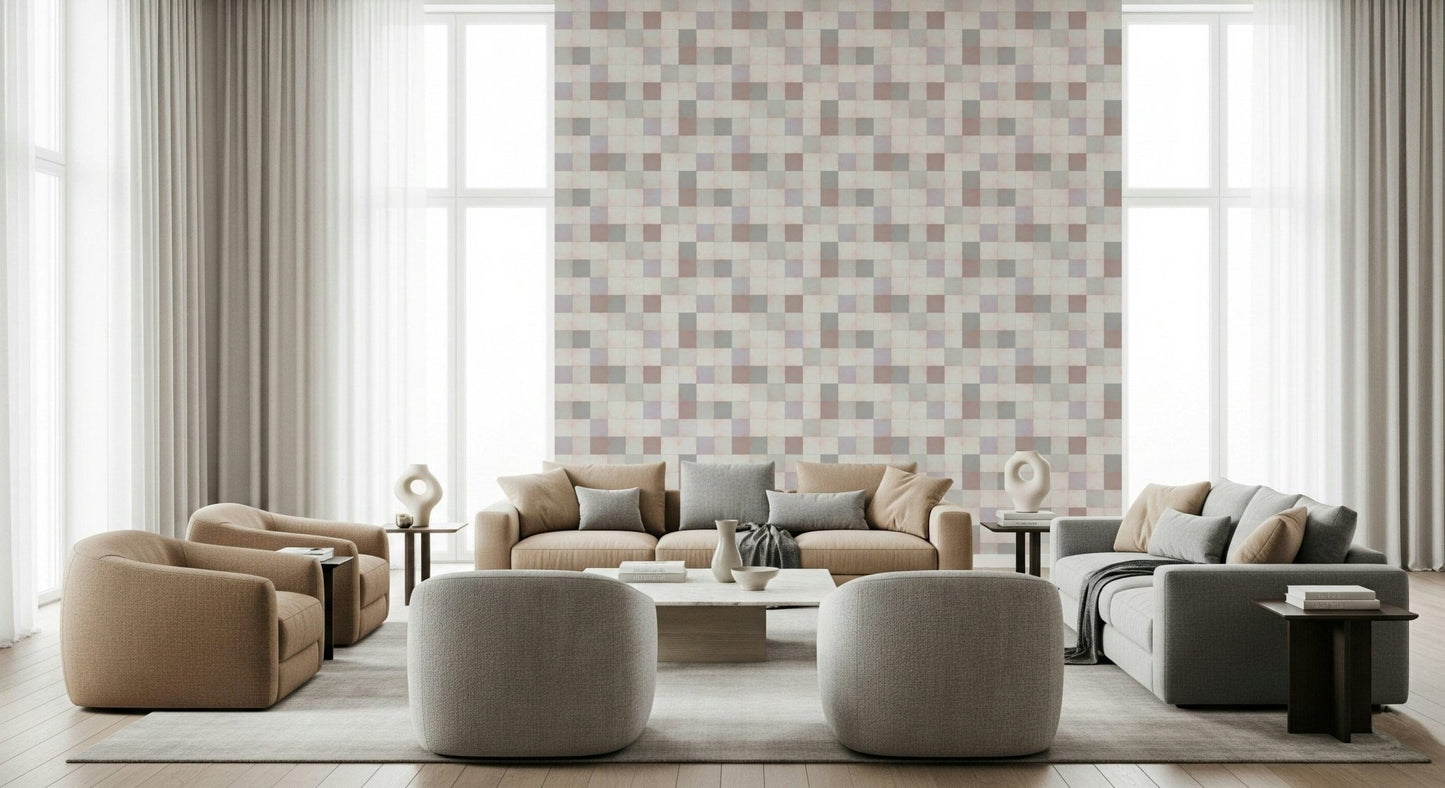 Soft Mosaic Tiles Blush Beige-GreyBlue wallpaper behind tan and grey sofas with round ottomans
