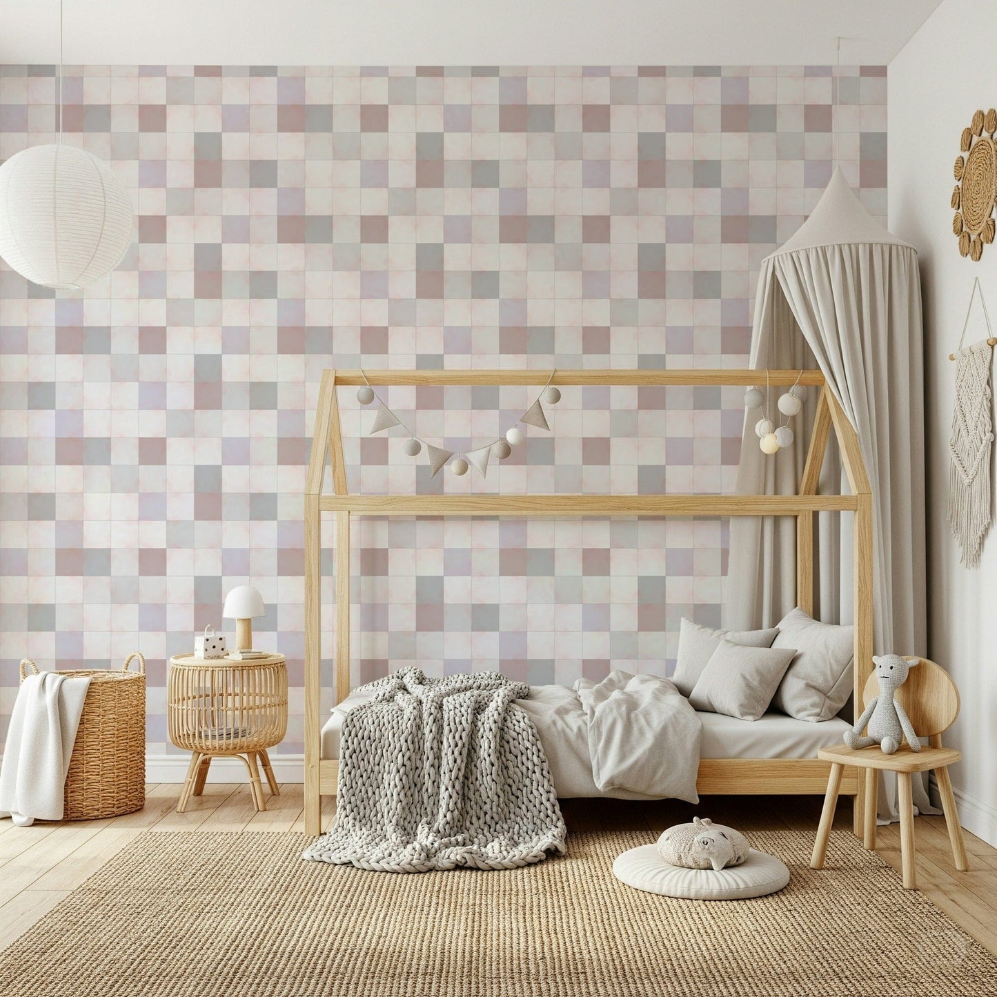 Soft Mosaic Tiles Blush Beige-GreyBlue wallpaper in a kids room with a wood house-frame bed and canopy