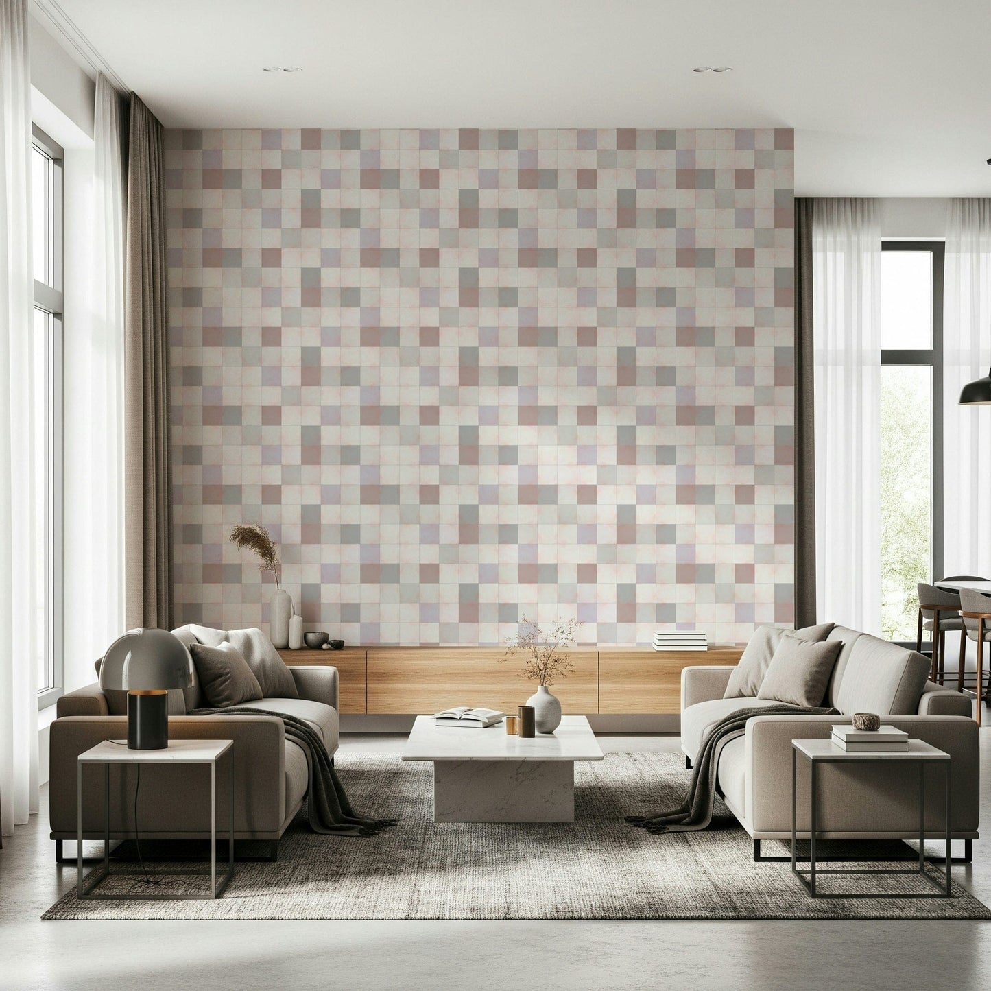 Soft Mosaic Tiles Blush Beige-GreyBlue wallpaper behind two taupe sofas and a marble coffee table