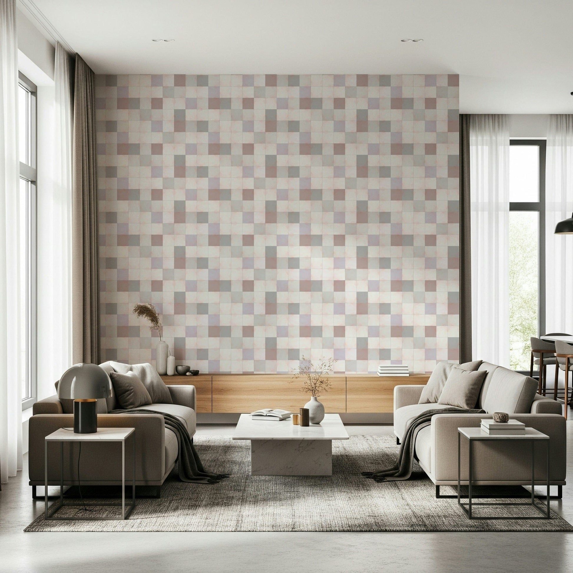 Soft Mosaic Tiles Blush Beige-GreyBlue wallpaper behind two taupe sofas and a marble coffee table