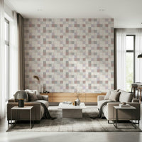 Soft Mosaic Tiles Blush Beige-GreyBlue wallpaper behind two taupe sofas and a marble coffee table