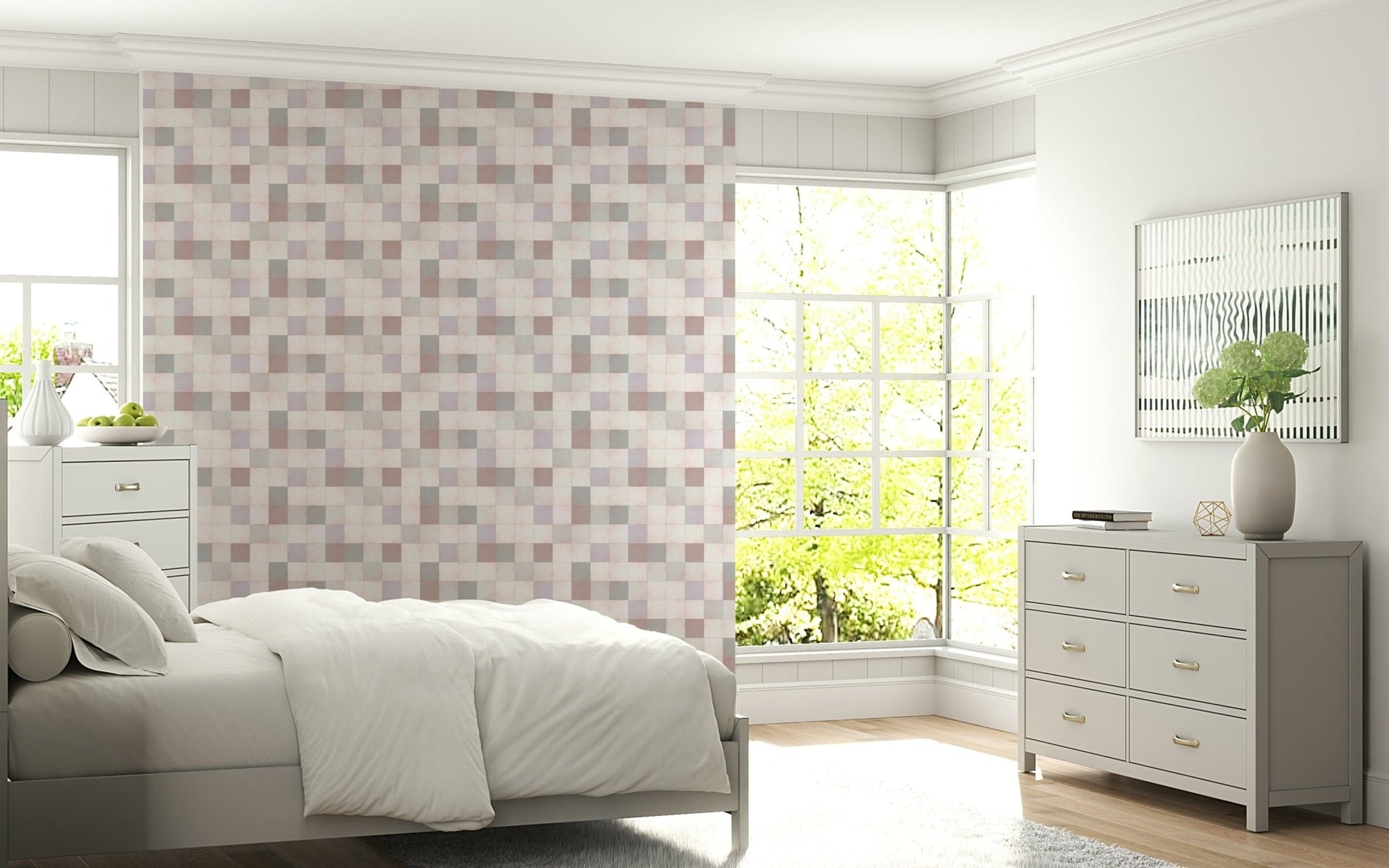 Soft Mosaic Tiles Blush Beige-GreyBlue wallpaper behind a white bed and grey dresser by bay windows
