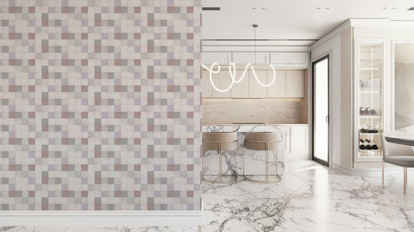 Soft Mosaic Tiles Blush Beige-GreyBlue wallpaper beside a marble kitchen island with blush bar stools