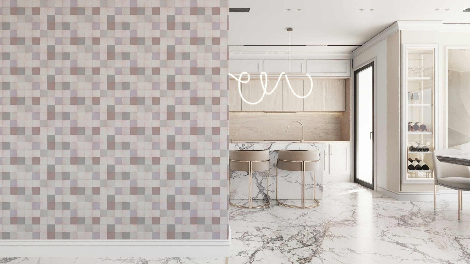 Soft Mosaic Tiles Blush Beige-GreyBlue wallpaper beside a marble kitchen island with blush bar stools