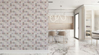 Soft Mosaic Tiles Blush Beige-GreyBlue wallpaper beside a marble kitchen island with blush bar stools