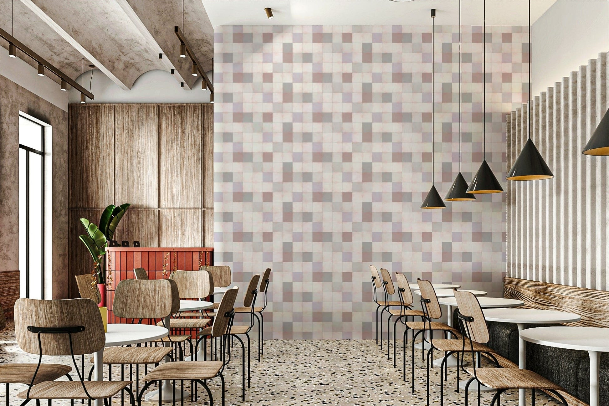 Soft Mosaic Tiles Blush Beige-GreyBlue wallpaper in a cafe with wood chairs and black cone pendant lights