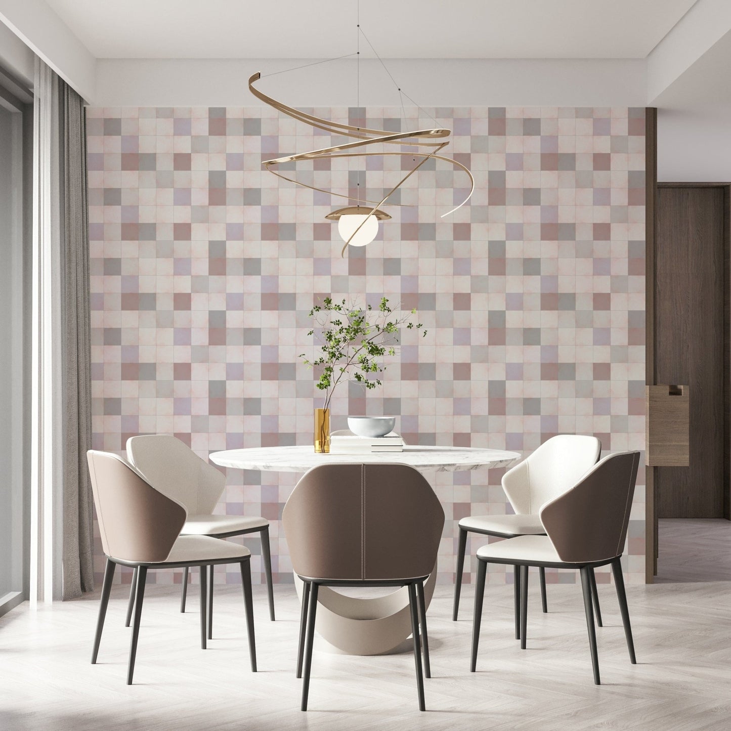Soft Mosaic Tiles Blush Beige-GreyBlue wallpaper in a dining room with a marble table and gold swirl light