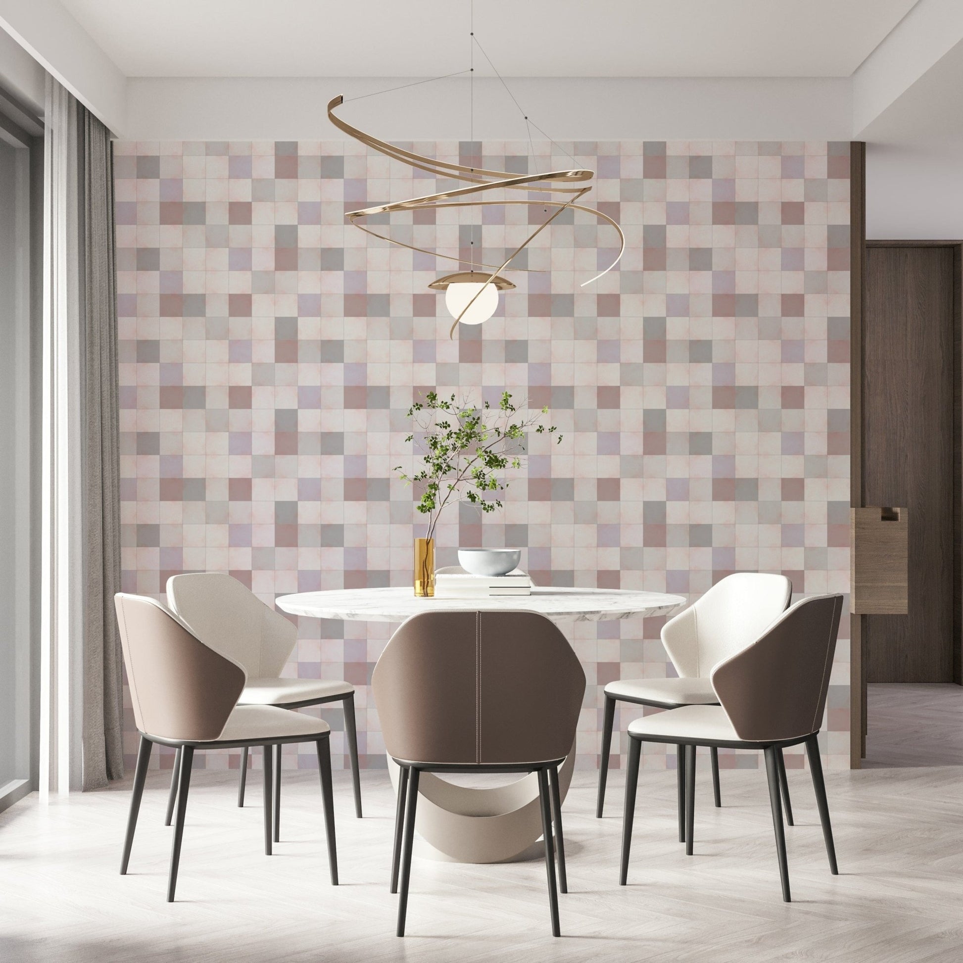Soft Mosaic Tiles Blush Beige-GreyBlue wallpaper in a dining room with a marble table and gold swirl light