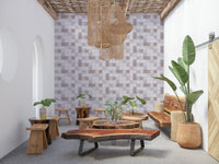 Soft Mosaic Tiles Blush Beige-GreyBlue wallpaper in a lounge with live-edge wood tables and wicker lamps