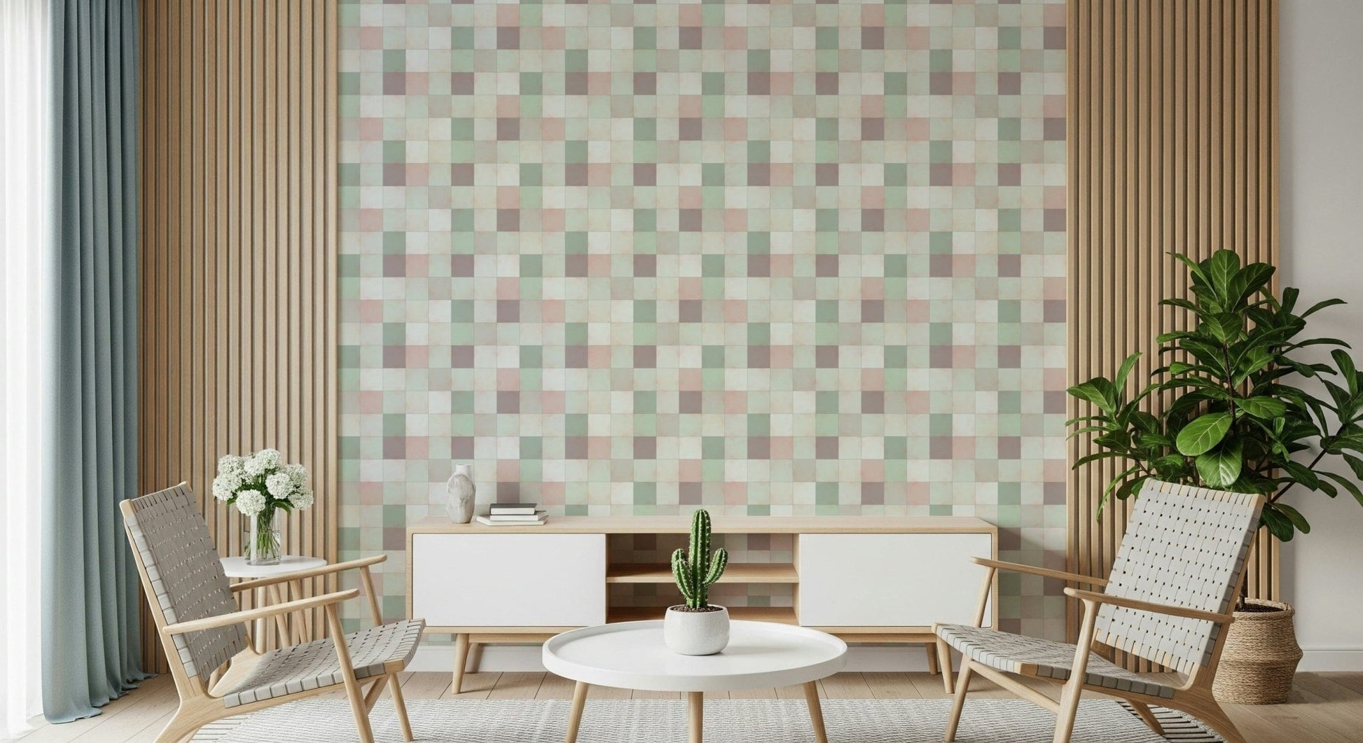 Soft Mosaic Tiles Green Sage wallpaper above a white sideboard with woven chairs and a slatted wood wall