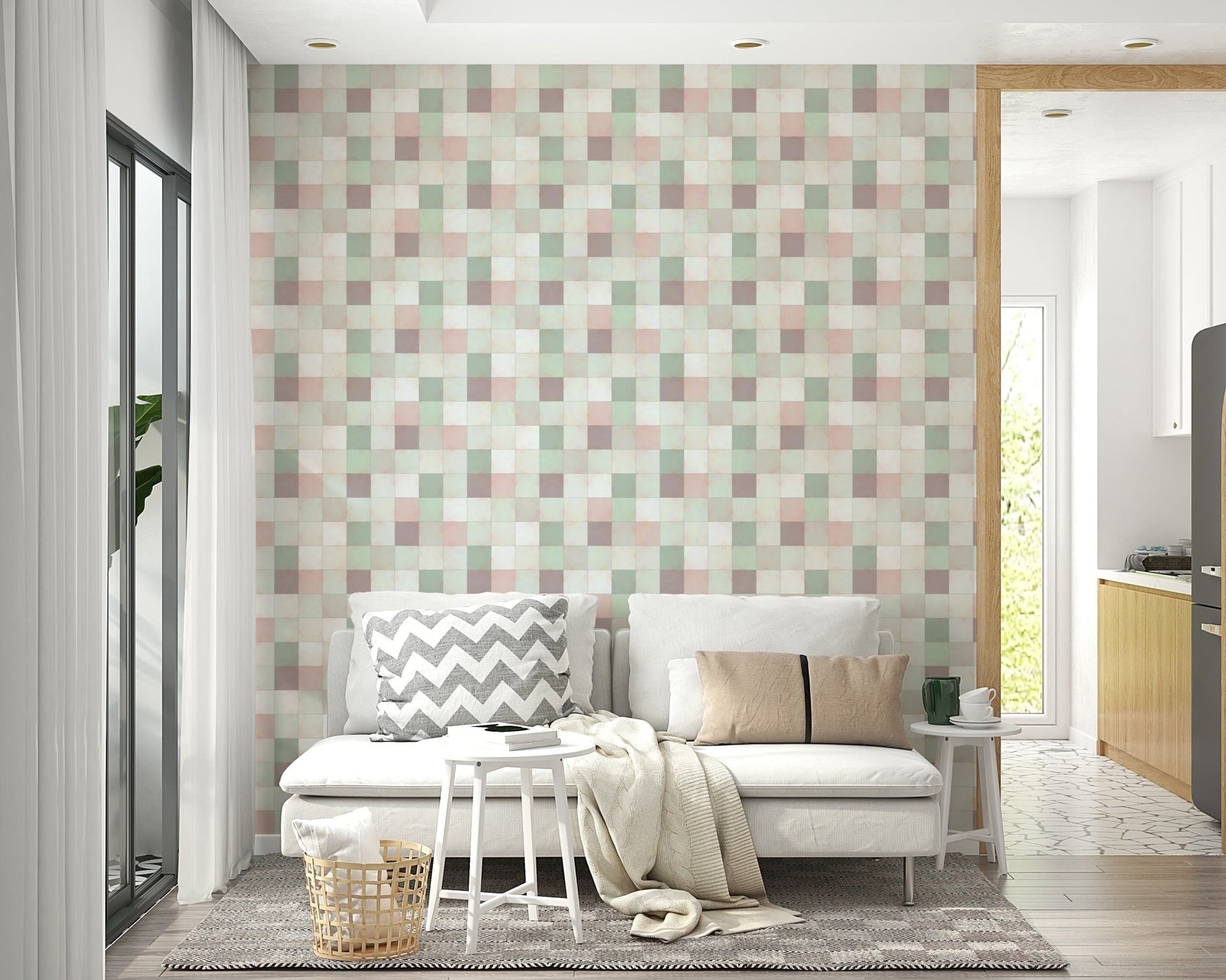 Soft Mosaic Tiles Green Sage wallpaper behind a white loveseat with a chevron pillow near a kitchen