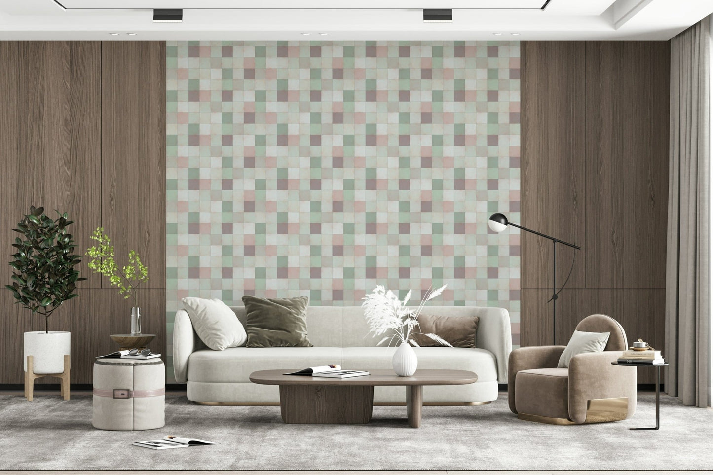 Soft Mosaic Tiles Green Sage wallpaper between wood panels behind a cream curved sofa and swivel chair
