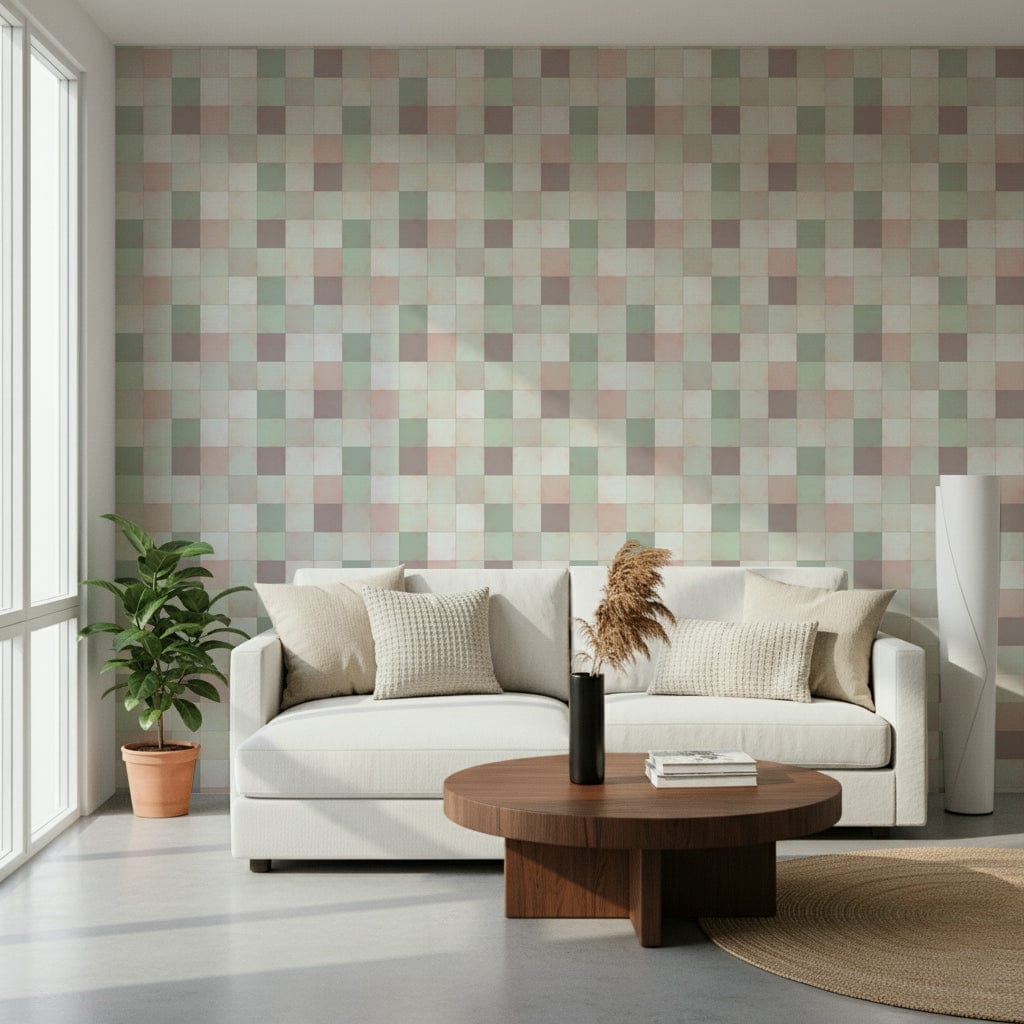 Soft Mosaic Tiles Green Sage wallpaper behind a white sofa with a walnut round table and fiddle-leaf fig