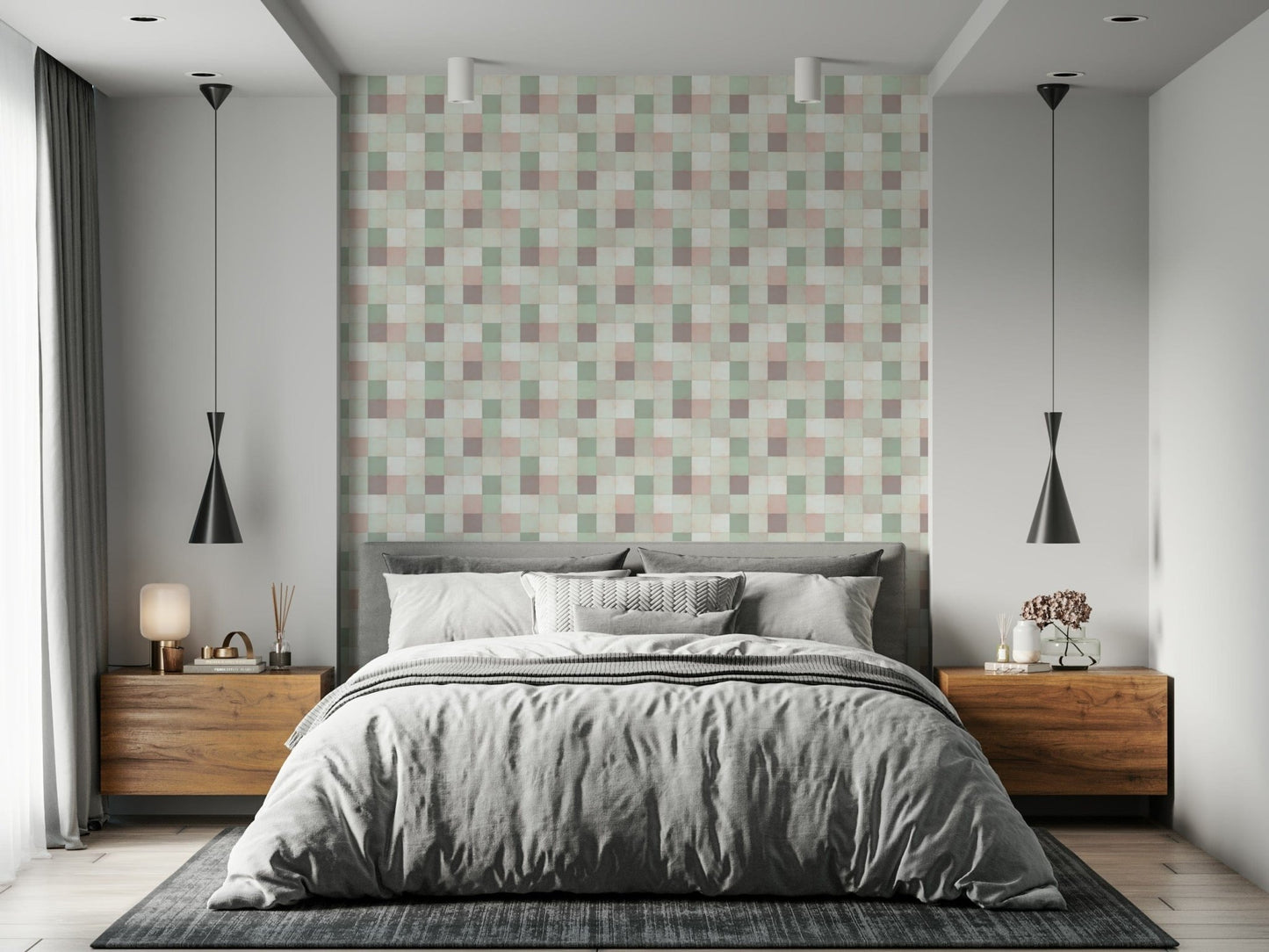 Soft Mosaic Tiles Green Sage wallpaper as a headboard accent behind a grey bed with walnut nightstands