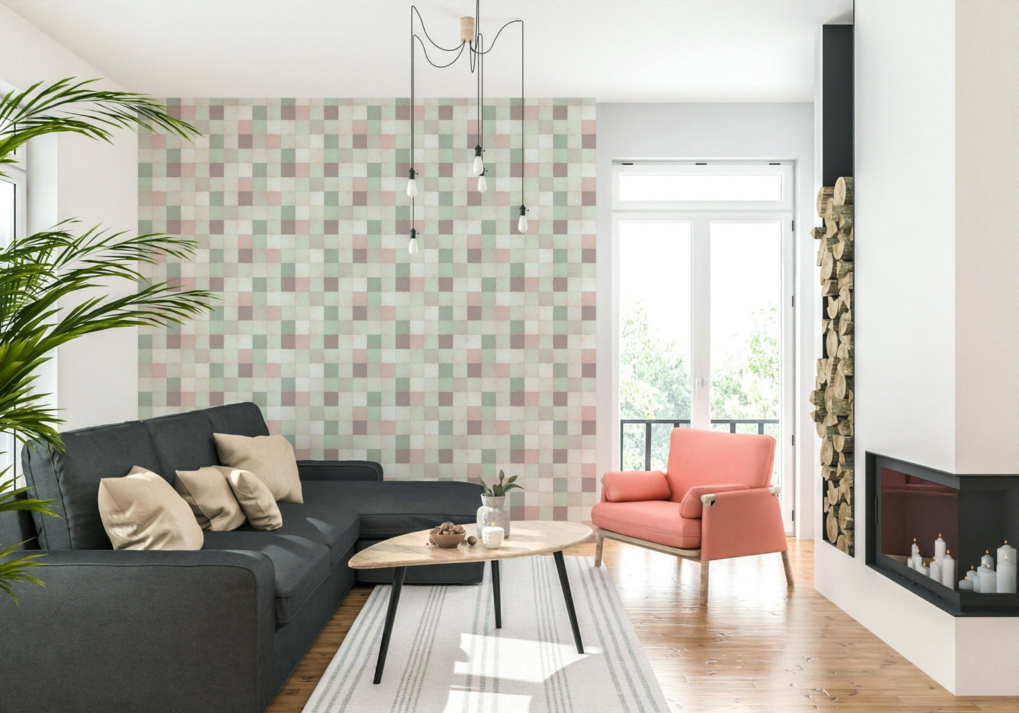 Soft Mosaic Tiles Green Sage wallpaper in a living room with a grey sectional and coral armchair