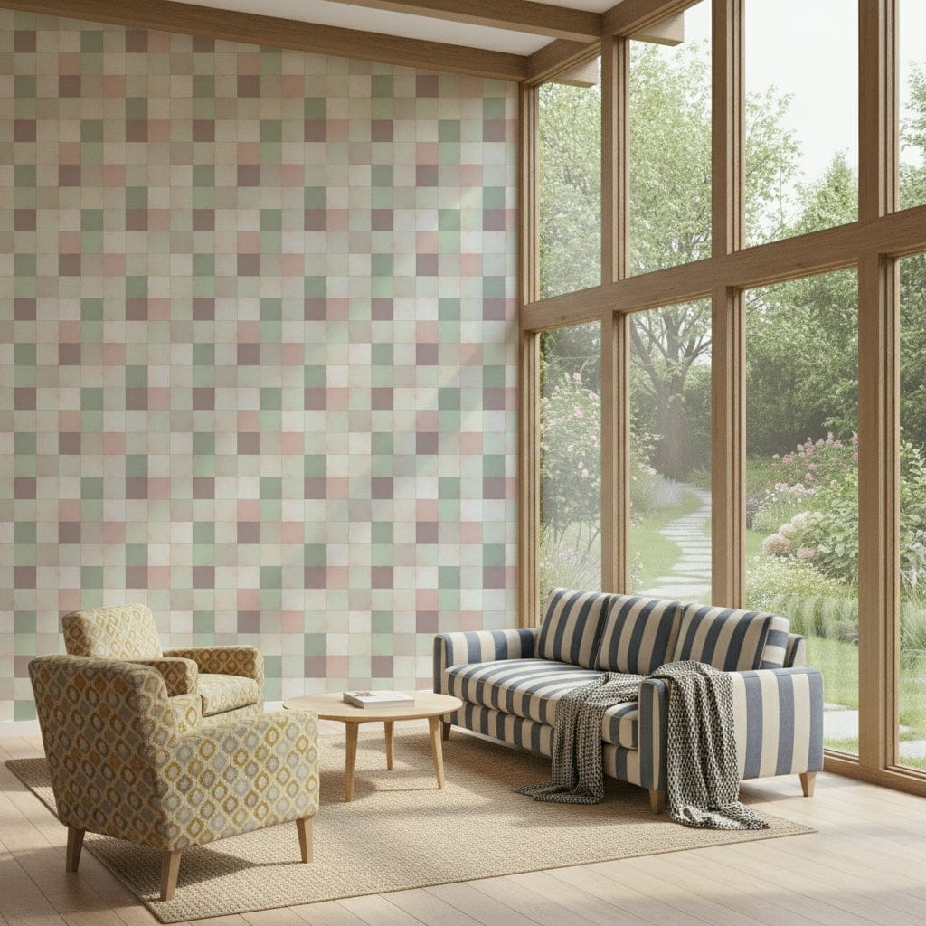 Soft Mosaic Tiles Green Sage wallpaper in a sunroom with a blue striped sofa and patterned armchairs