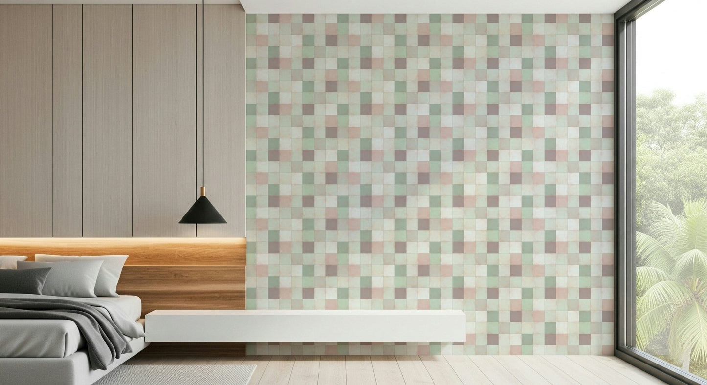 Soft Mosaic Tiles Green Sage wallpaper above a wood floating bed beside a garden window in a bedroom