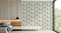 Soft Mosaic Tiles Green Sage wallpaper above a wood floating bed beside a garden window in a bedroom
