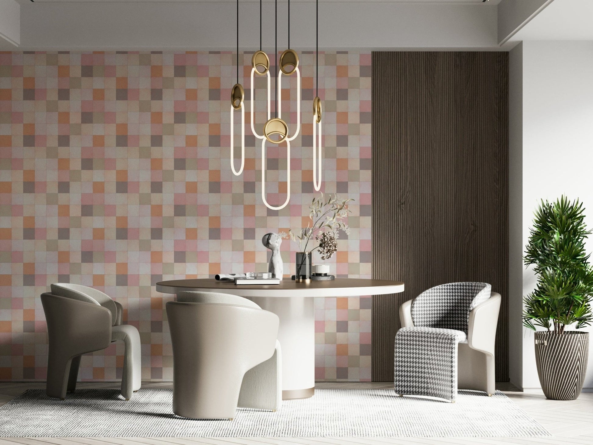 Soft Mosaic Tiles Peach Glow wallpaper in a dining room with beige chairs and gold ring pendant lights