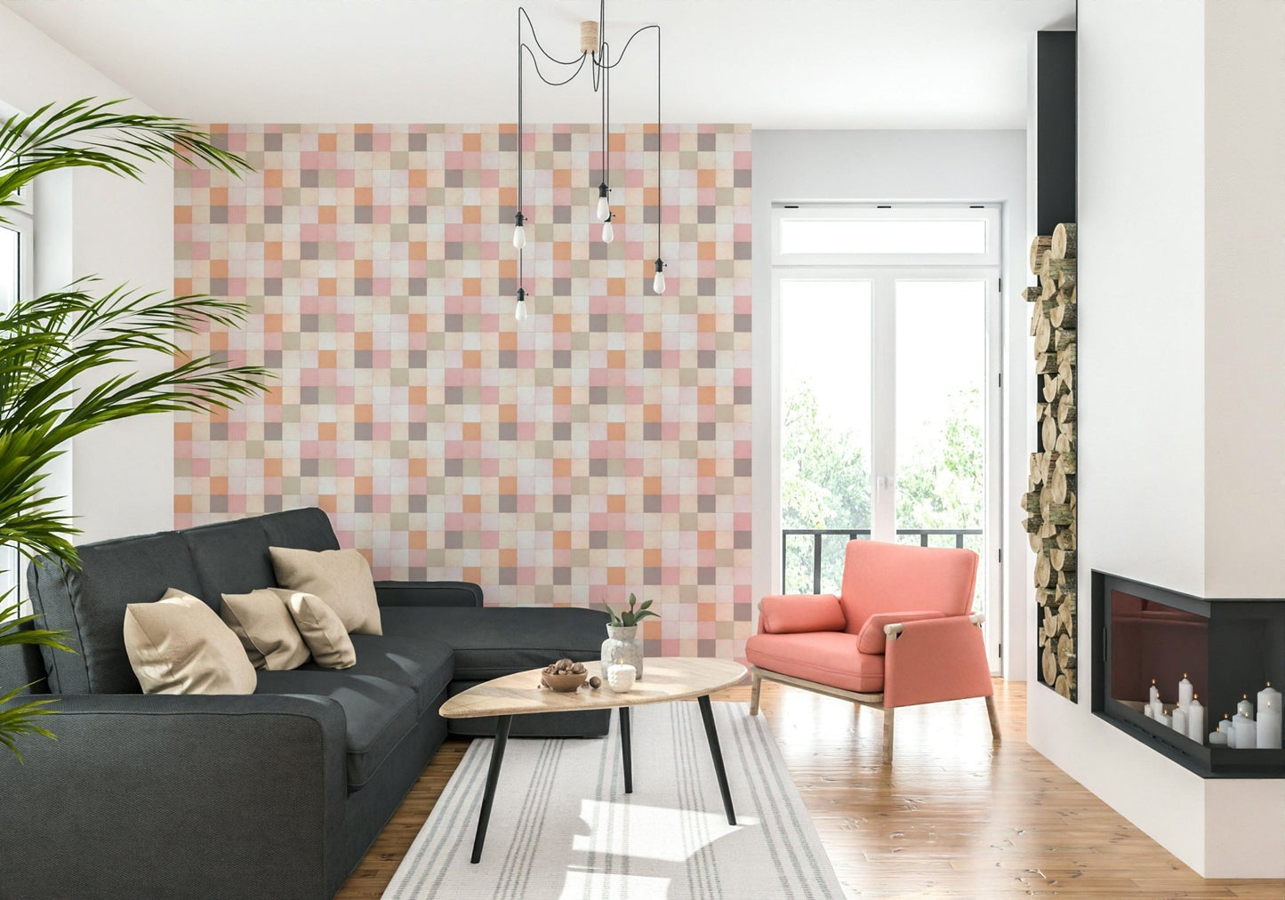 Soft Mosaic Tiles Peach Glow wallpaper in a living room with dark grey sectional and coral armchair