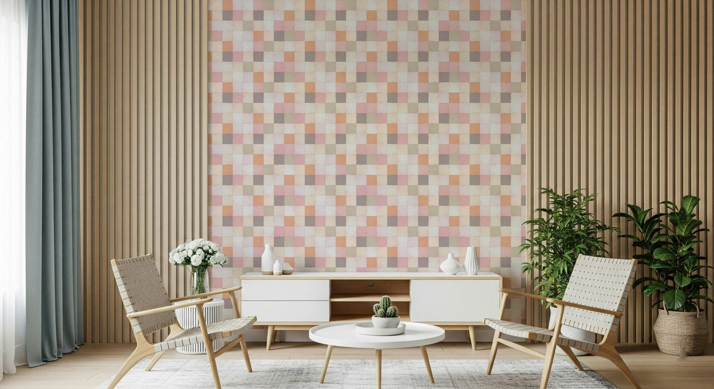 Soft Mosaic Tiles Peach Glow wallpaper above a white sideboard with woven wood chairs and slatted wall