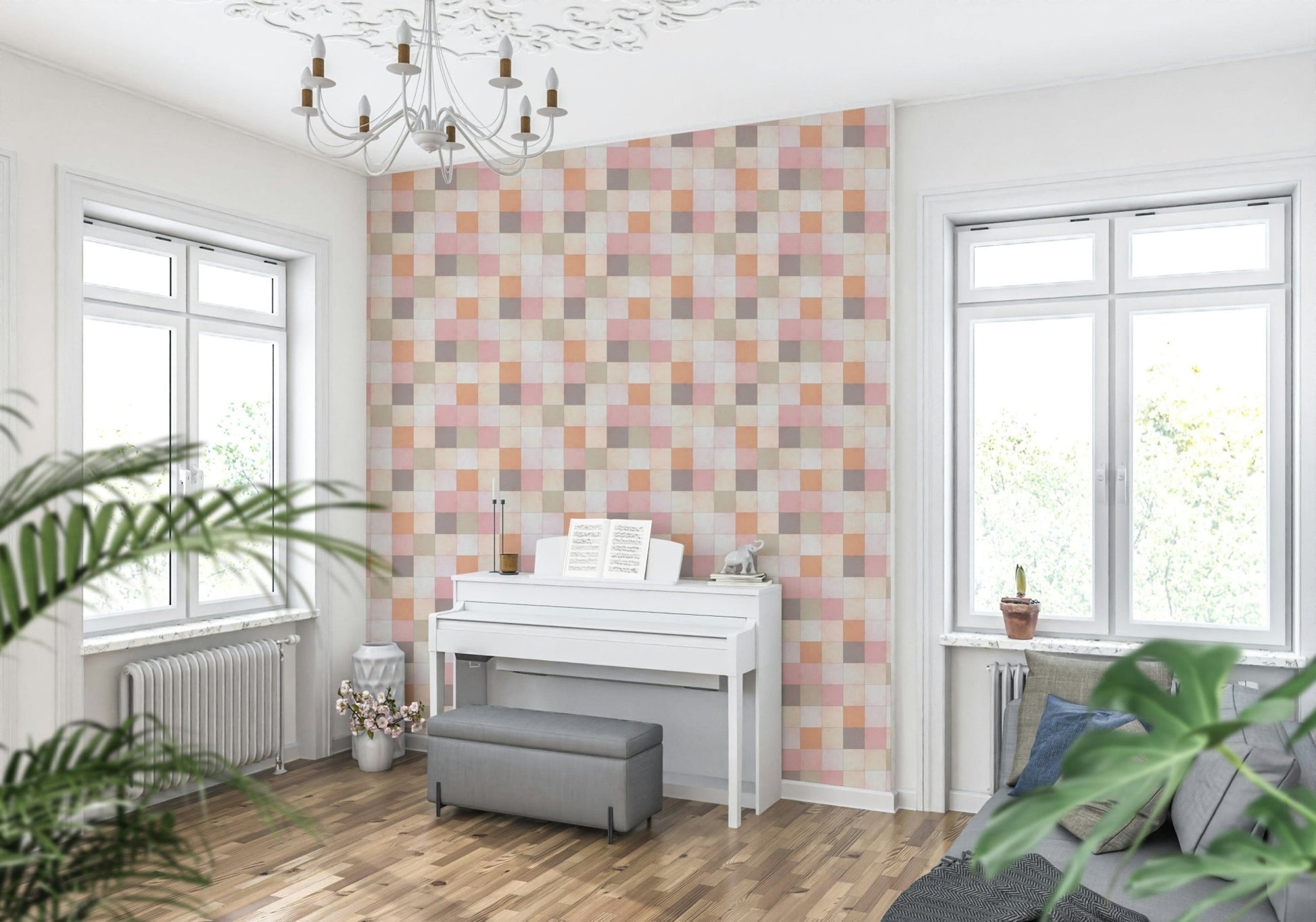 Soft Mosaic Tiles Peach Glow wallpaper behind a white upright piano in a bright window-lit living room
