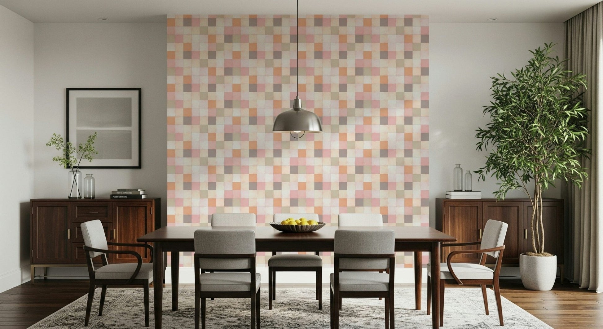 Soft Mosaic Tiles Peach Glow wallpaper in a dining room with a walnut table and bowl of yellow lemons