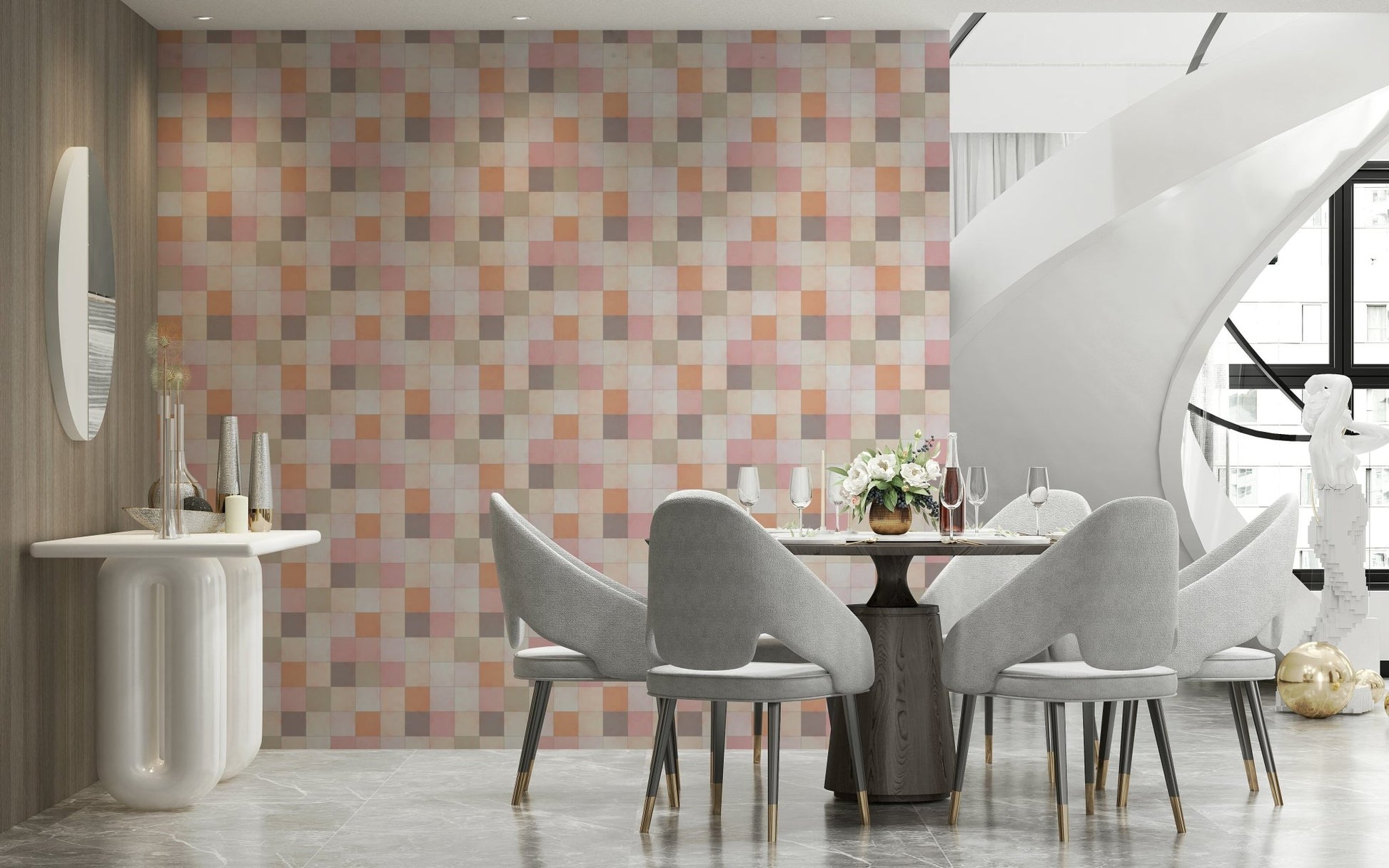 Soft Mosaic Tiles Peach Glow wallpaper behind a round dining table with grey chairs and a spiral staircase