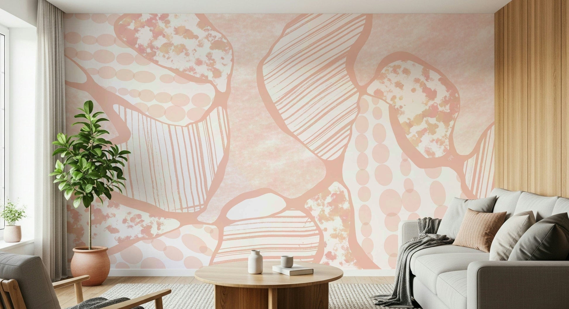 A calming abstract design wallpaper mural that defines a space.