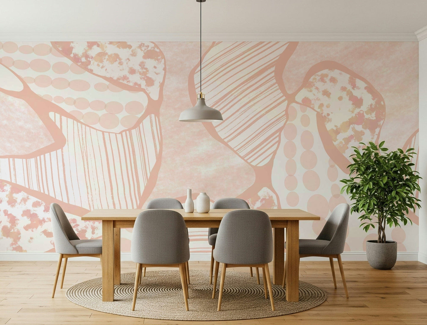 A peaceful modern abstract mural on decorative wallpaper.