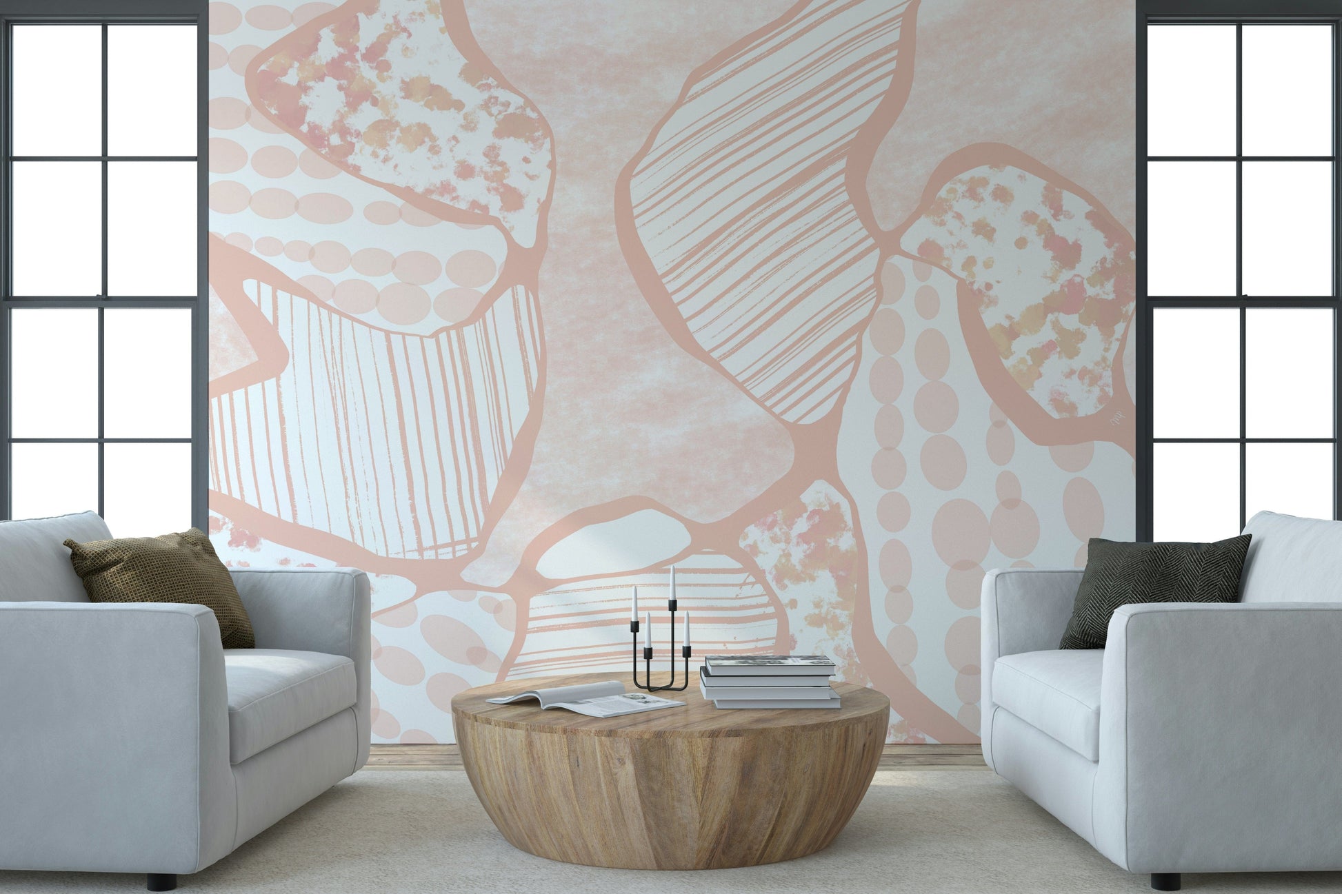 A graceful subtle pattern wall mural in cool, neutral tones.