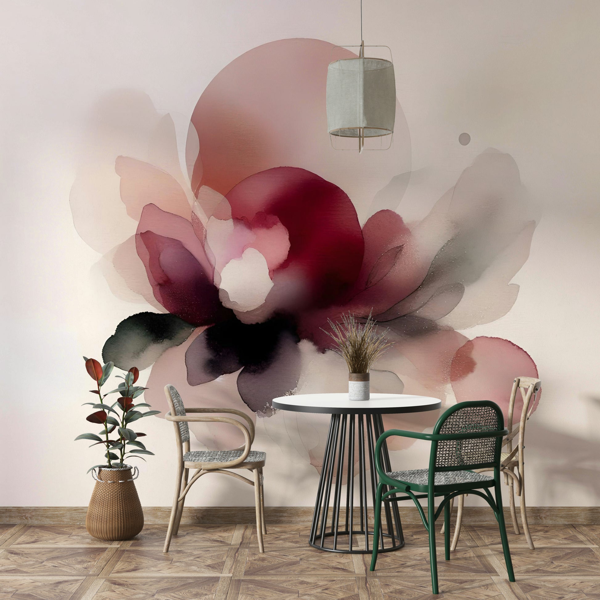 Soft Petal Whispers Wall Mural with muted watercolor blossoms in a modern apartment.