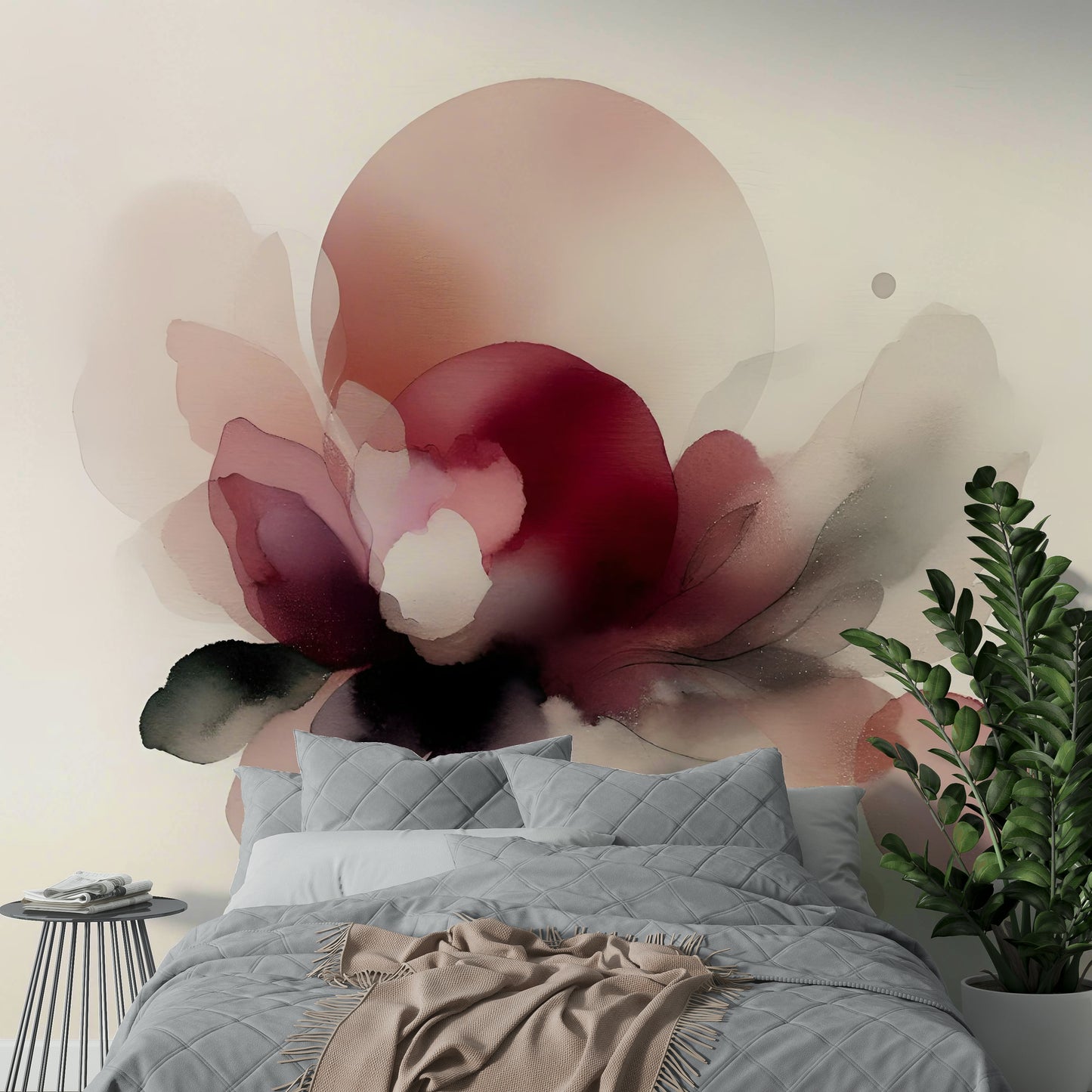 Modern wall decor featuring abstract pink petals for a home office.