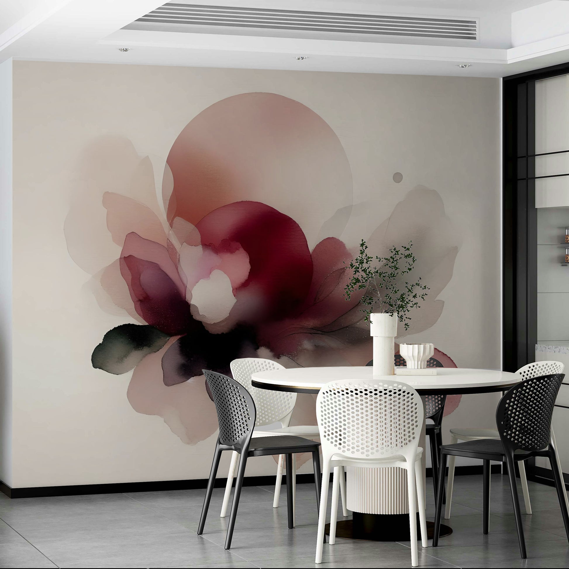 Pastel rose colored botanical mural for a primary suite wall decor.