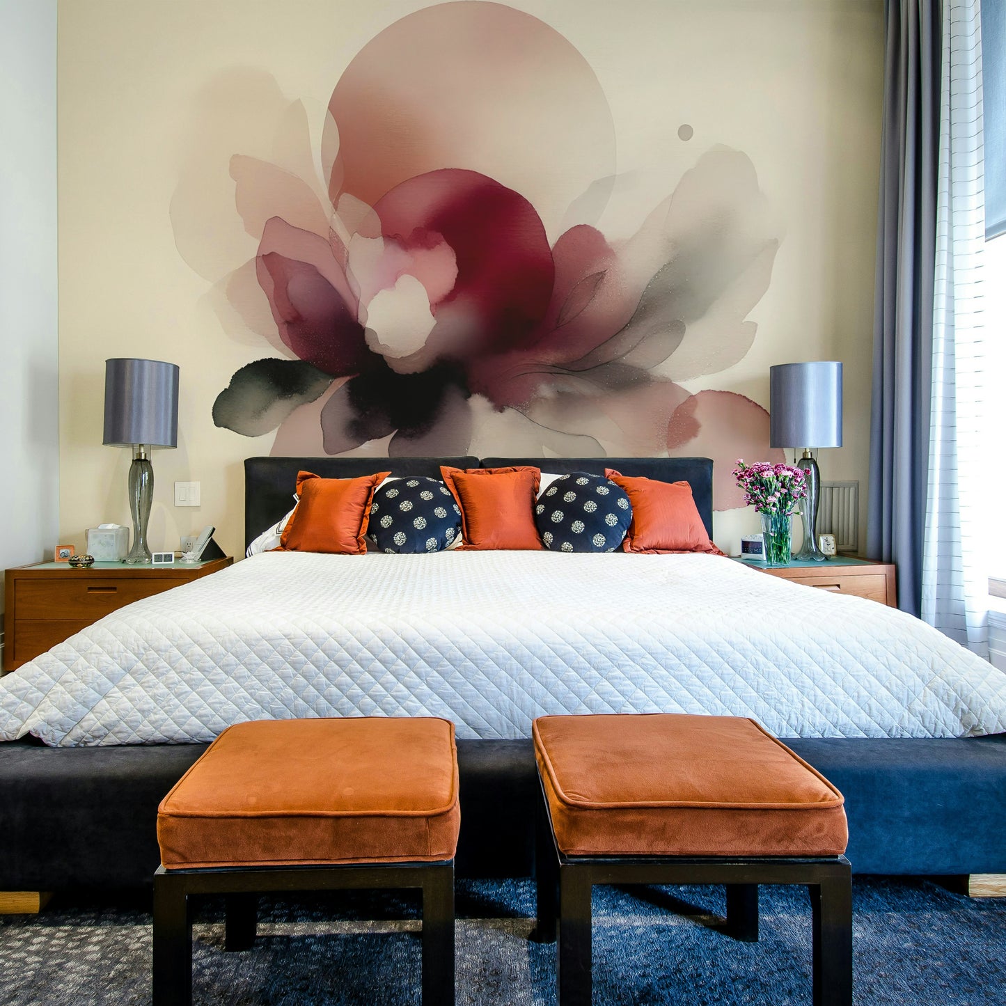 Soft Petal Whispers Wall Mural paired with gold accents in a modern dining area.