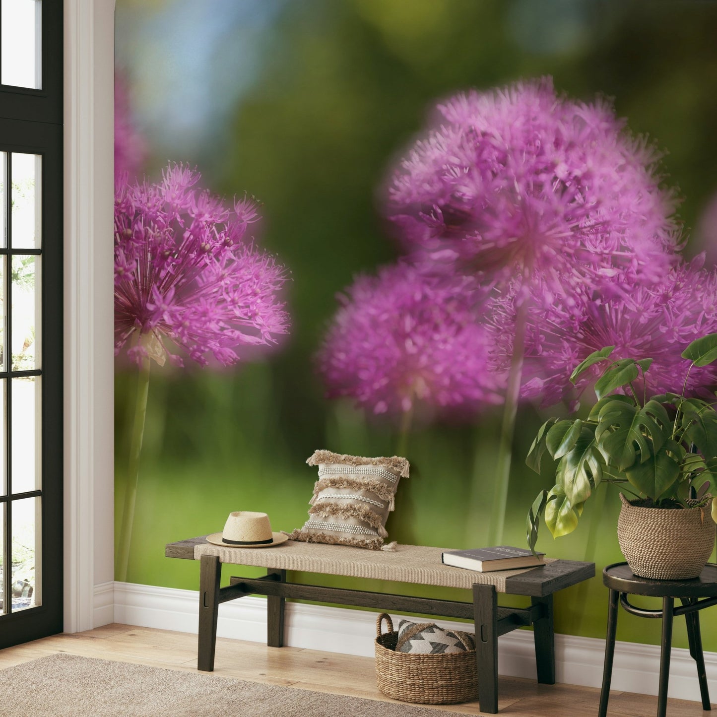 The dominant colors are soft shades of purple, green, and white.

