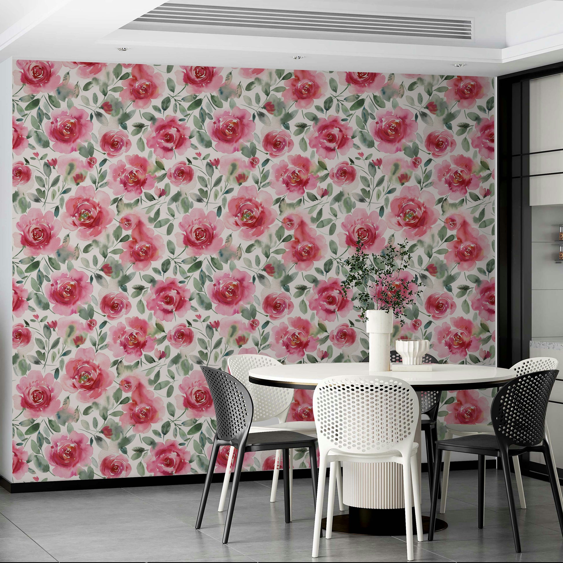 Watercolor floral mural in red and green for bedrooms or nooks.

