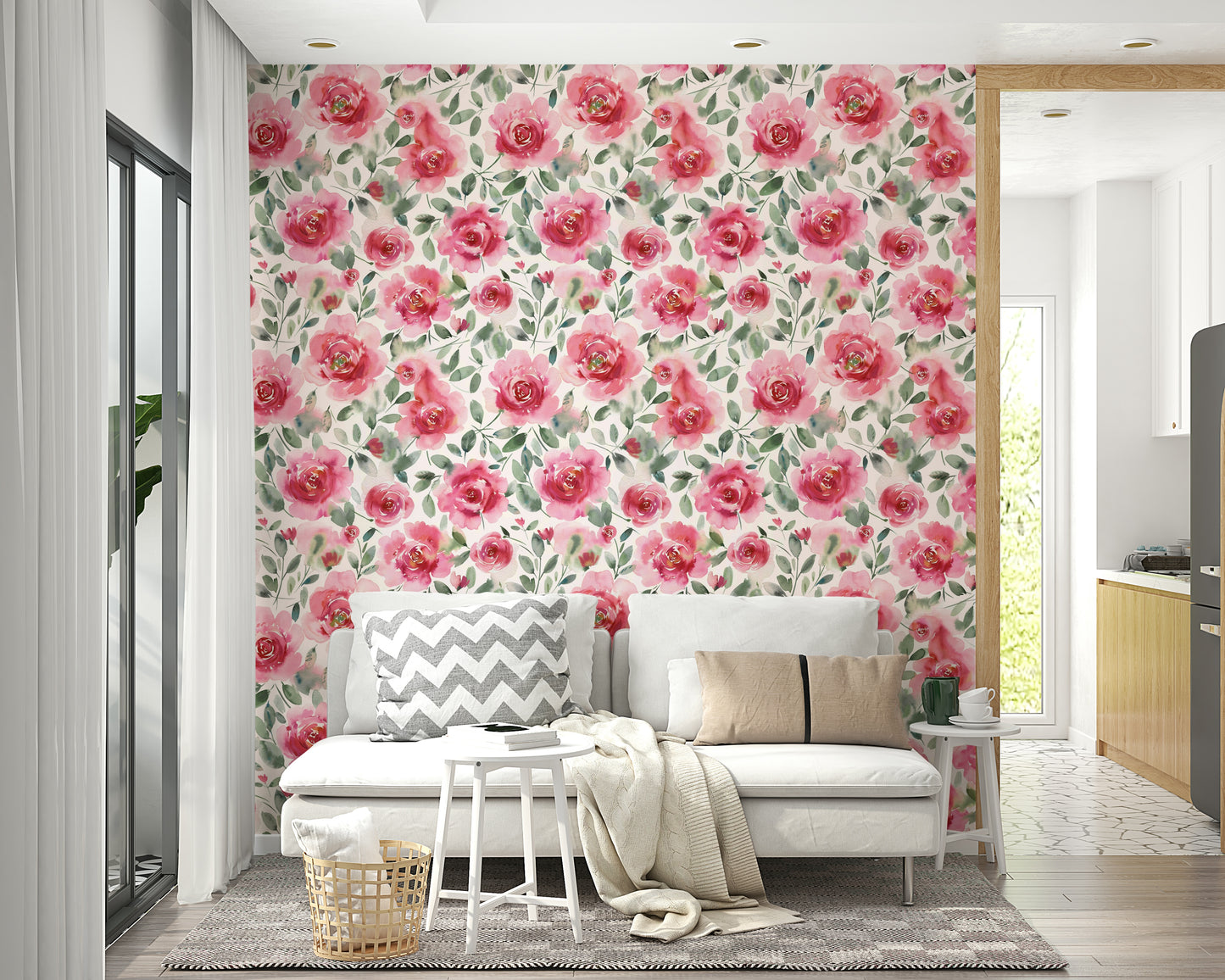 Wallpaper with gentle red roses and leafy green accents.

