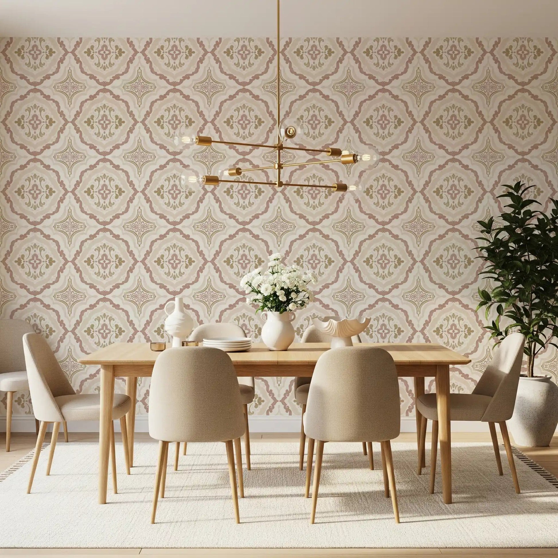 Warm beige soft sienna Mediterranean tile wallpaper in a dining room.