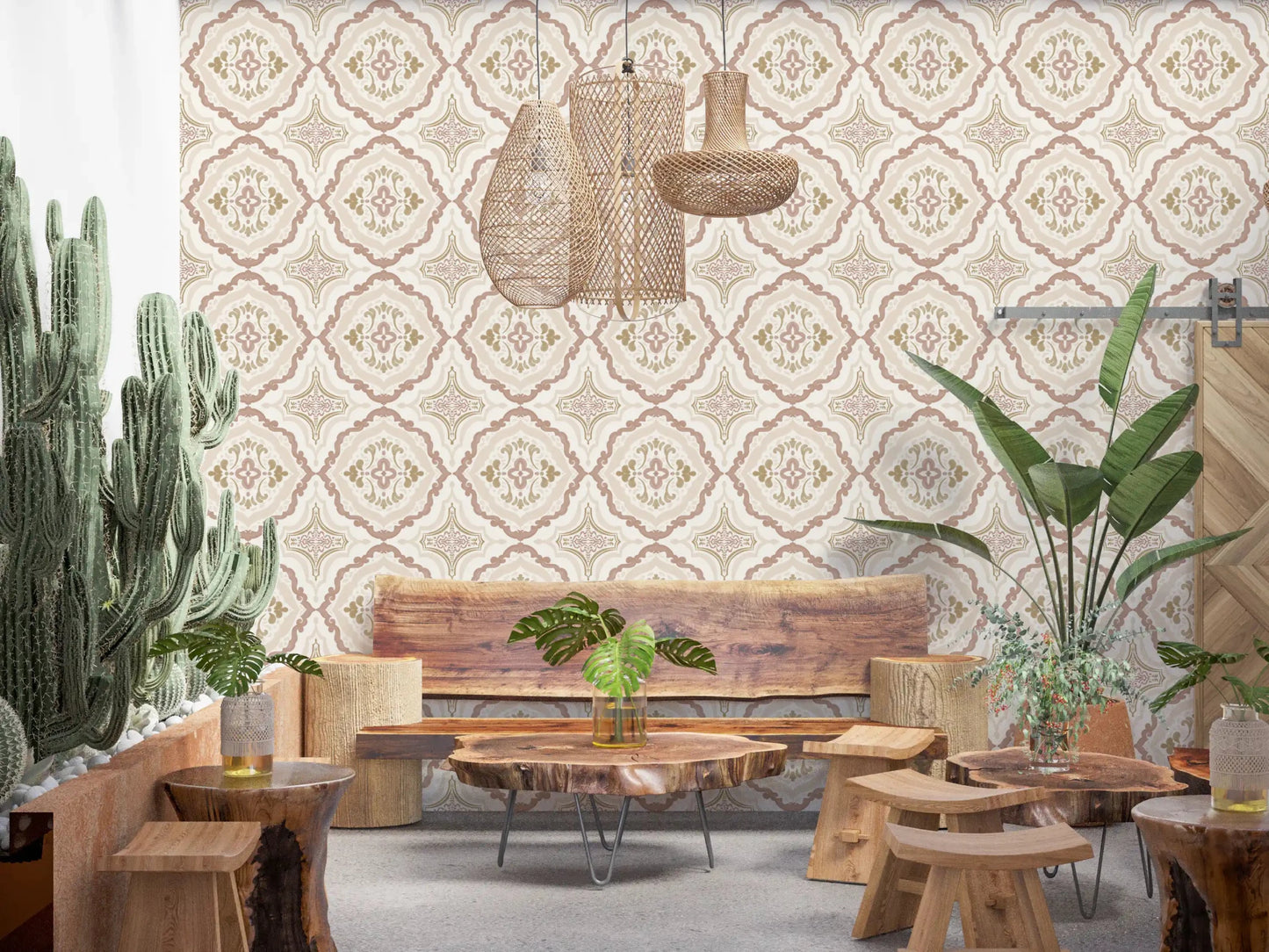 Traditional tile motifs on this sienna Mediterranean wallpaper