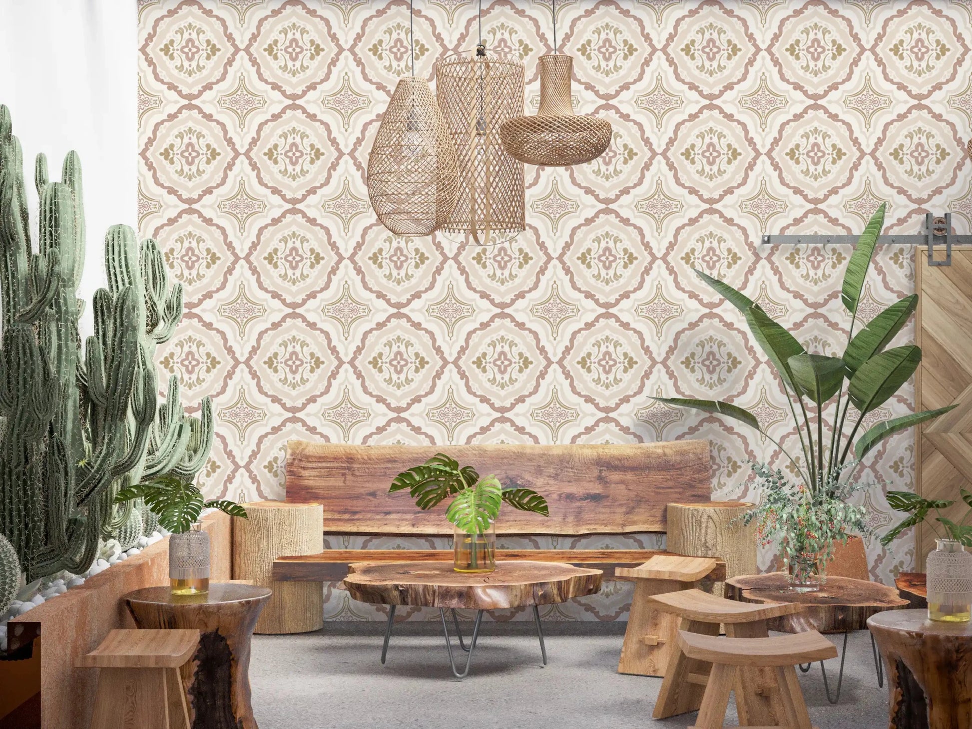 Traditional tile motifs on this sienna Mediterranean wallpaper
