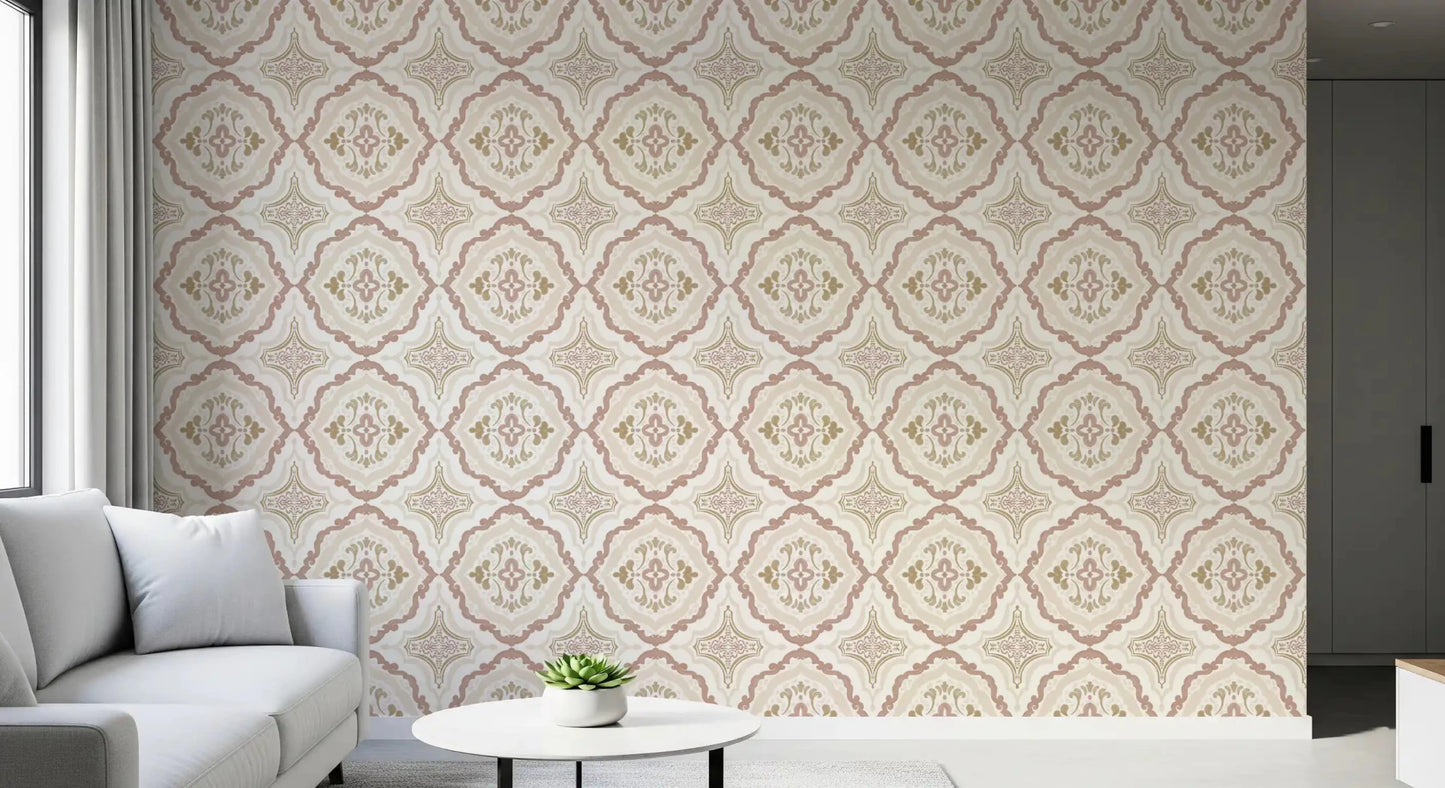 Muted sienna tones on a Mediterranean tile wallpaper for an office.