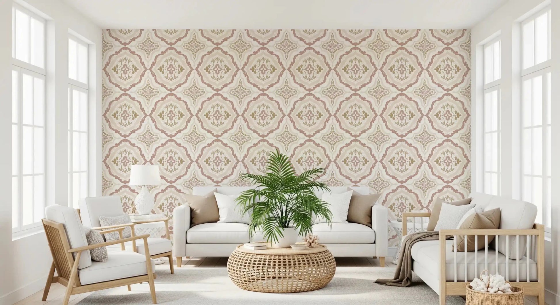 Elegant soft sienna Mediterranean tile wallpaper in a hallway.