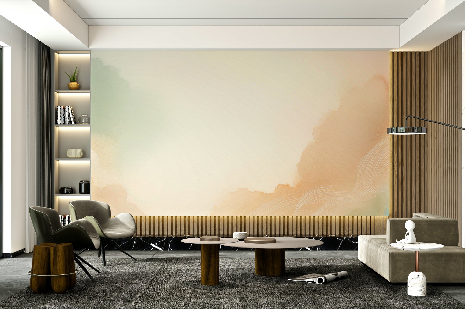 Calming cloud-themed feature wall for a modern home office or study area.