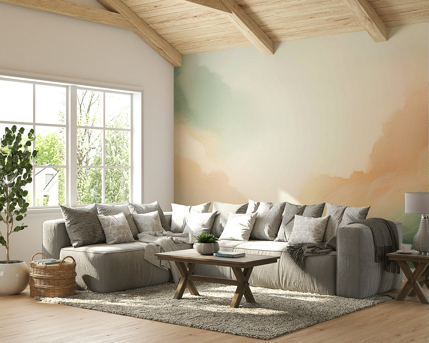 Soft Sky Dreamscape Wall Mural in a bright, open-plan living space with clouds.